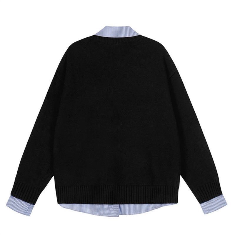 Plaid Spliced Mock Two-Piece Long Sleeve Knit Sweater Couple Women's Autumn