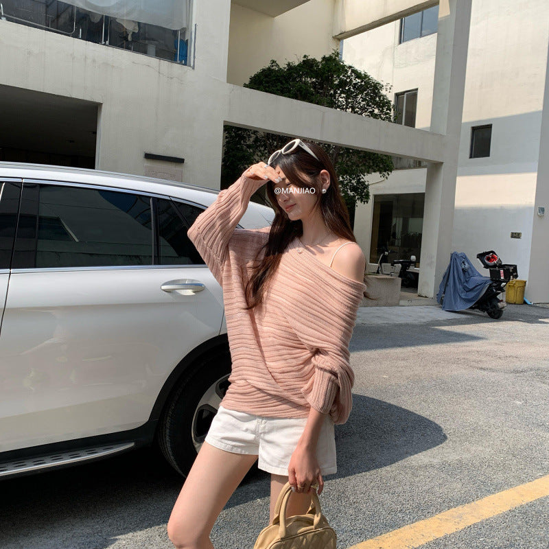 Lazy Chic Cut-Out Asymmetrical Sleeve Long Sleeve Knit Top for Women, Unique High-End Stylish Look
