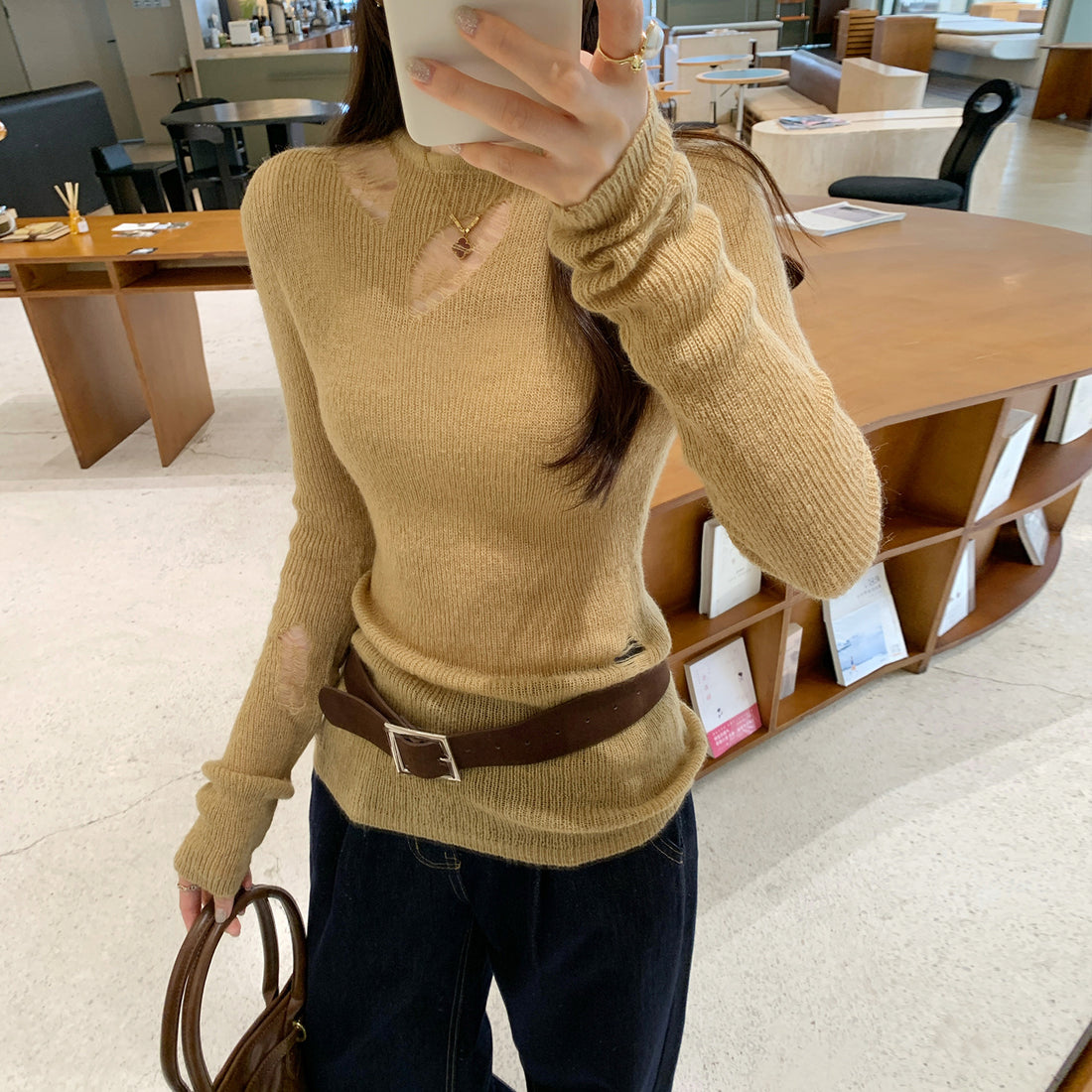 Design Sense Irregular Hole Cut-Out Sexy Long Sleeve Knit Top for Women
