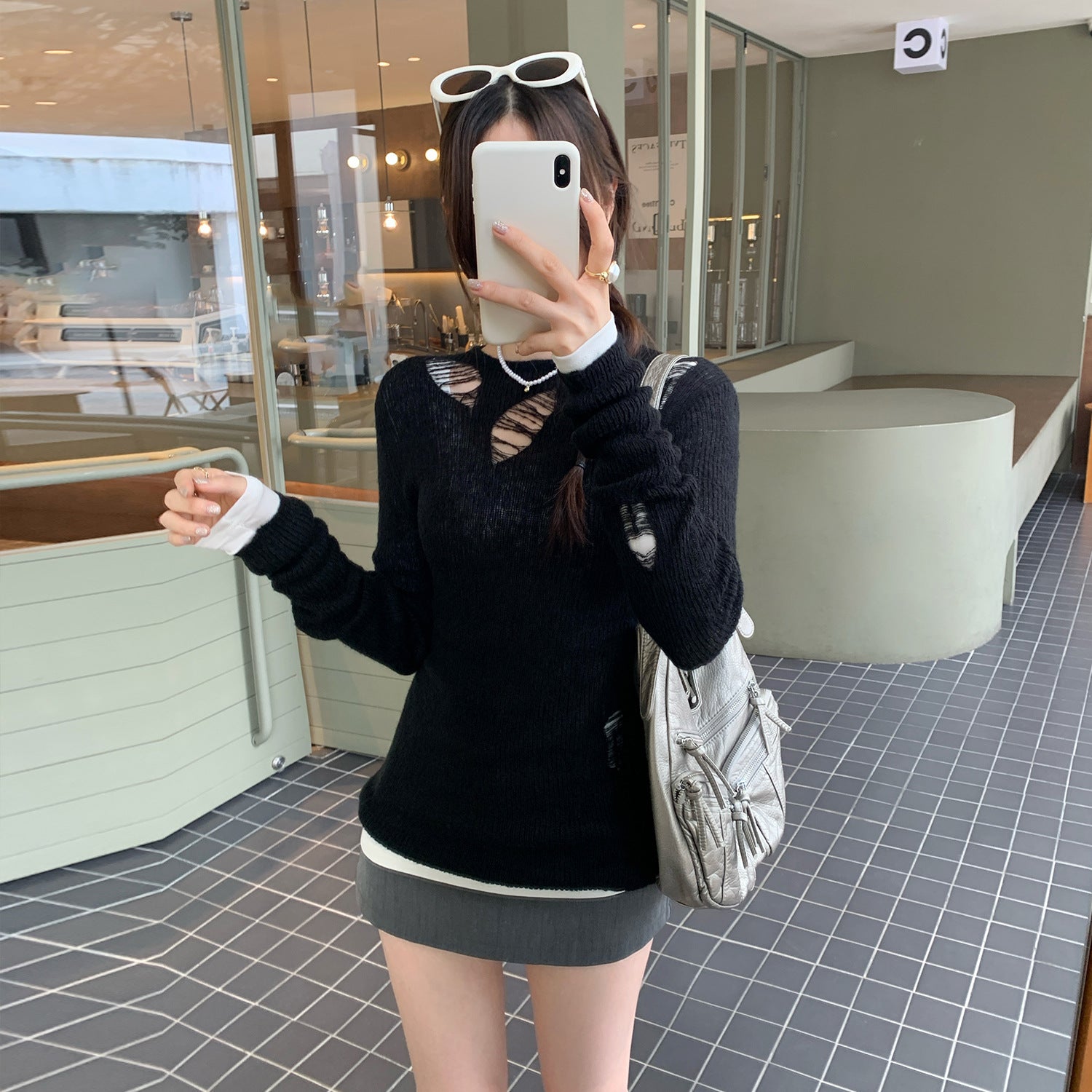 Design Sense Irregular Hole Cut-Out Sexy Long Sleeve Knit Top for Women