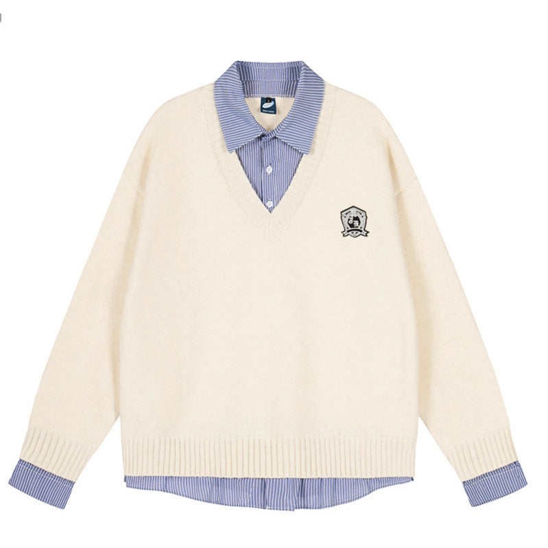 Plaid Spliced Mock Two-Piece Long Sleeve Knit Sweater Couple Women's Autumn