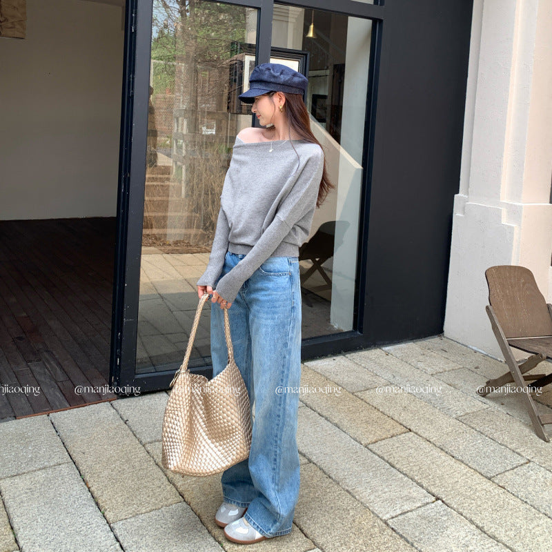Colorful Contrast Shoulder Cut-Out Long Sleeve Knit Top for Women, Trendy Slim-Fitting Off-Shoulder Top