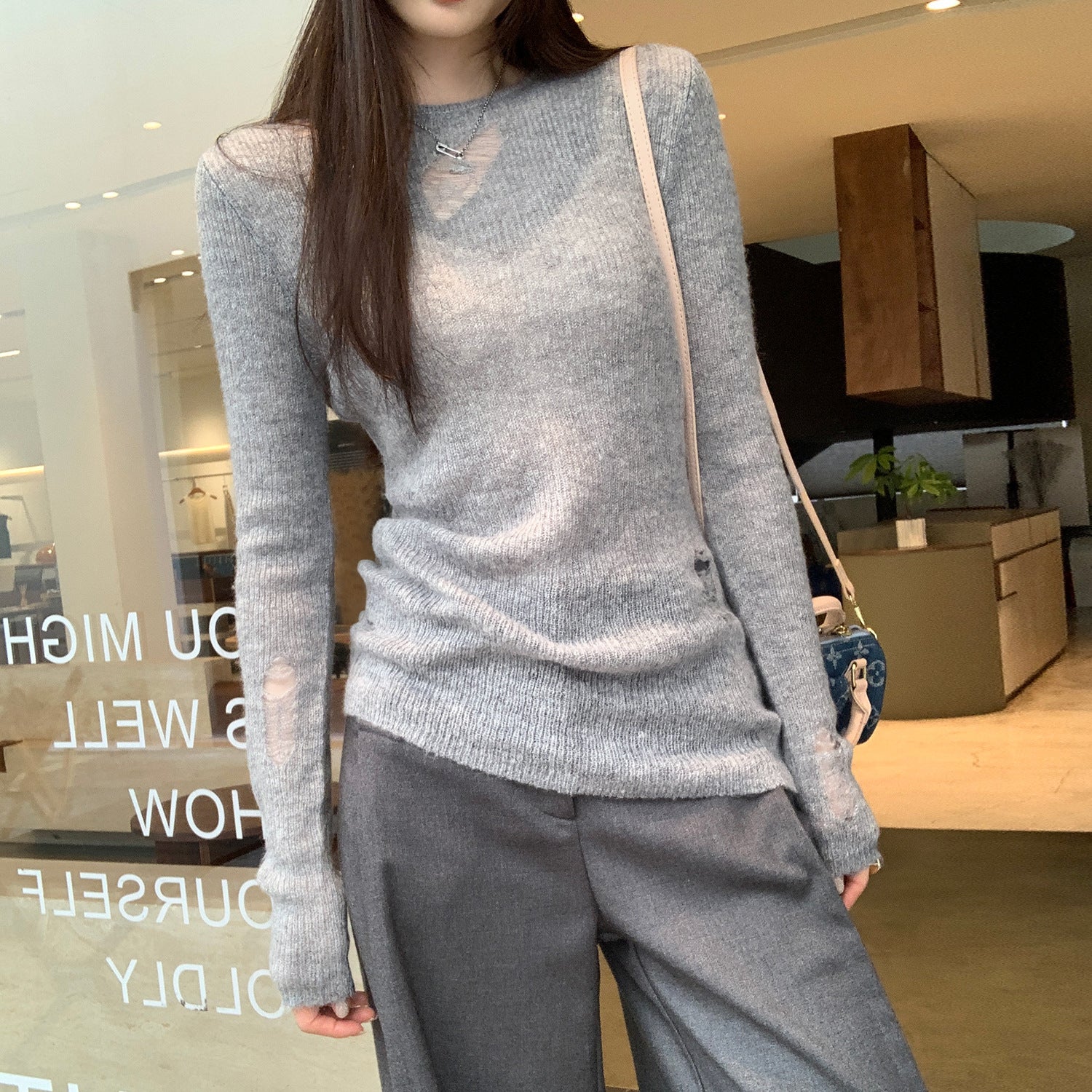 Design Sense Irregular Hole Cut-Out Sexy Long Sleeve Knit Top for Women