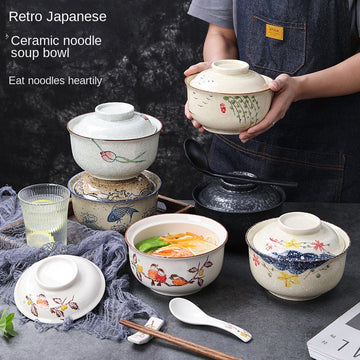 Ceramic instant noodle bowl, Chinese household tableware with lid