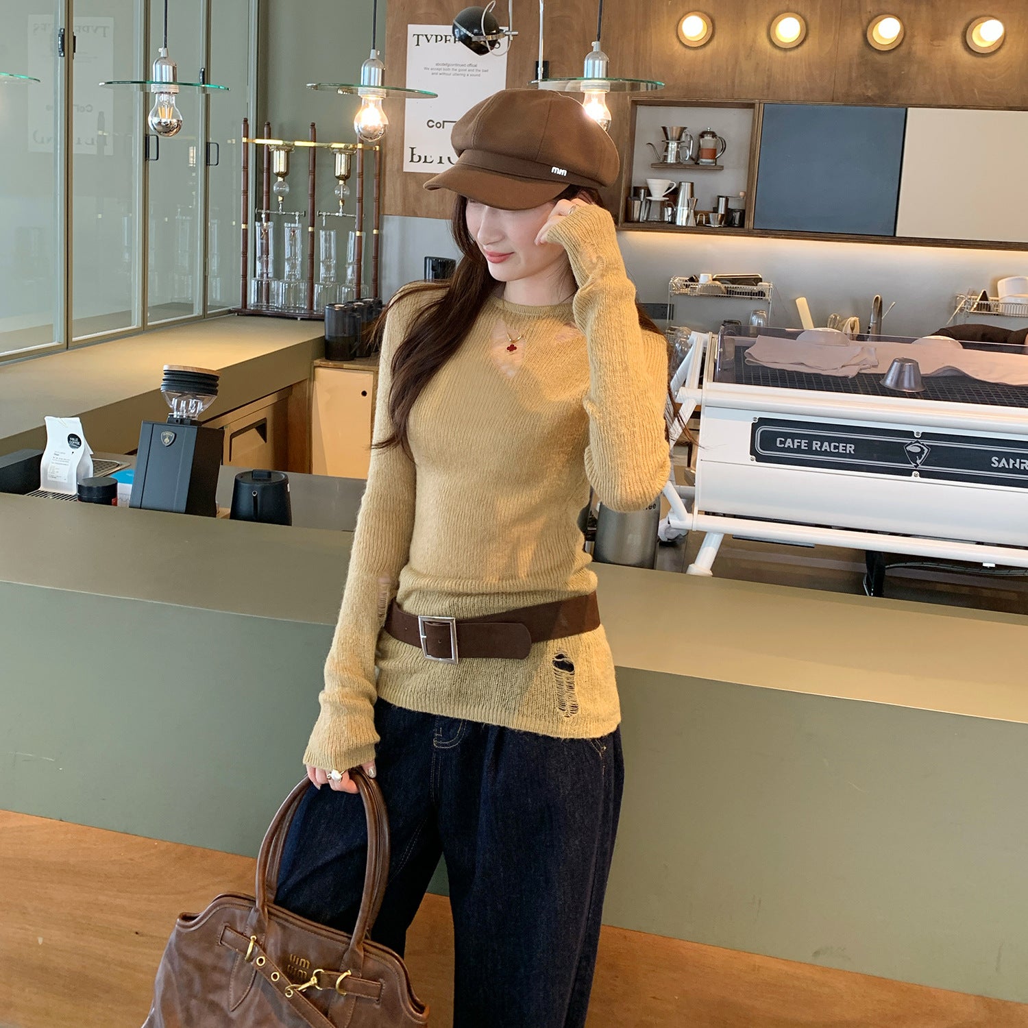 Design Sense Irregular Hole Cut-Out Sexy Long Sleeve Knit Top for Women