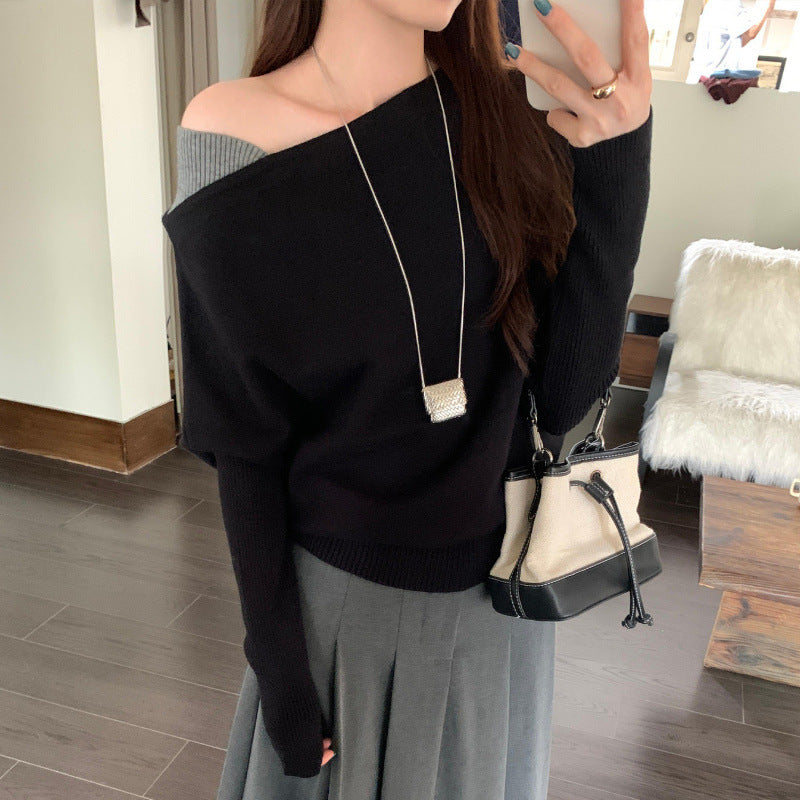 Colorful Contrast Shoulder Cut-Out Long Sleeve Knit Top for Women, Trendy Slim-Fitting Off-Shoulder Top