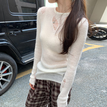 Design Sense Irregular Hole Cut-Out Sexy Long Sleeve Knit Top for Women