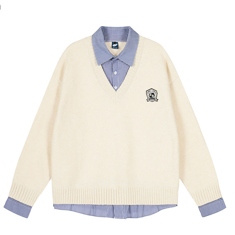 Plaid Spliced Mock Two-Piece Long Sleeve Knit Sweater Couple Women's Autumn
