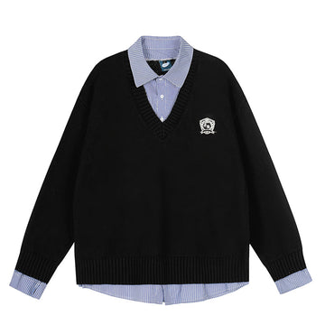 Plaid Spliced Mock Two-Piece Long Sleeve Knit Sweater Couple Women's Autumn