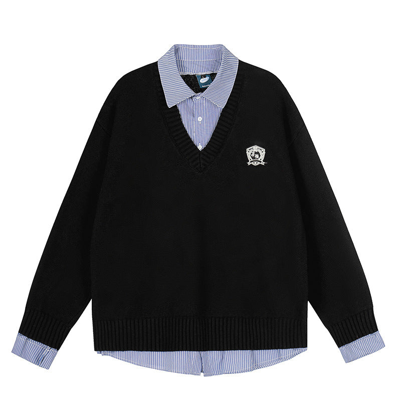 Plaid Spliced Mock Two-Piece Long Sleeve Knit Sweater Couple Women's Autumn