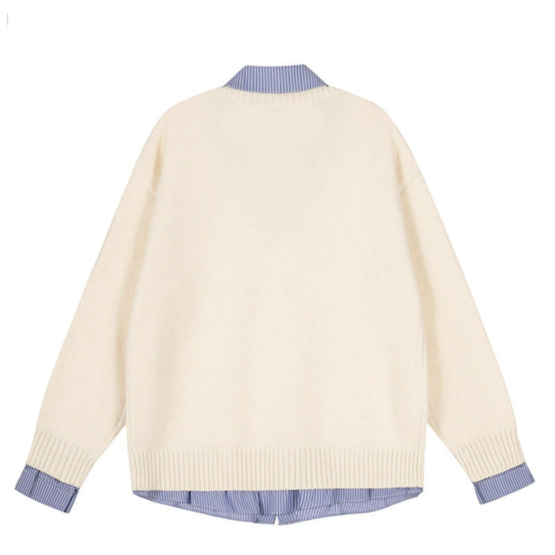 Plaid Spliced Mock Two-Piece Long Sleeve Knit Sweater Couple Women's Autumn